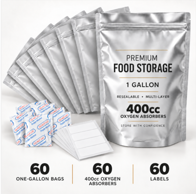 Wallaby 60 Count 1-Gallon Mylar Food Storage Bags, 7.5 Mil, with 400cc Oxygen Absorbers